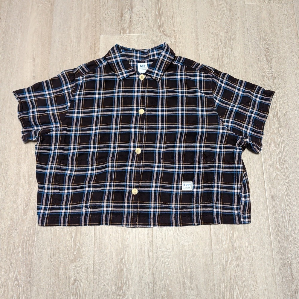 Lee Womens 2X Plus Size Cropped Flannel Chore Top Navy Blue Plaid Boxy Shirt